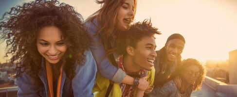The joyful friends enjoying a sunset while sharing unforgettable moments. photo