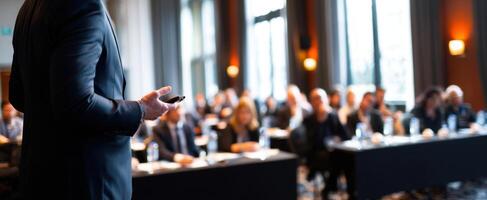 The speaker engaging the audience at a professional conference event. photo