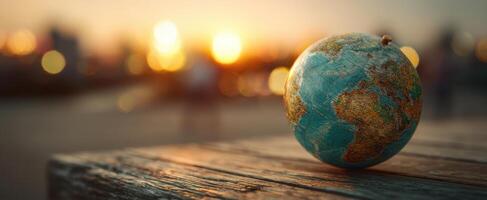The globe resting on a wooden surface during a stunning sunset backdrop. photo