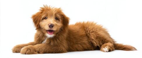 The adorable fluffy puppy enjoying a playful moment on a white background. photo