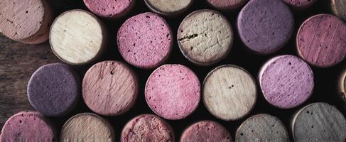 The assortment of colorful wine corks arranged in a rustic setting photo