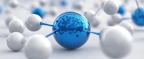 The blue atom surrounded by white molecules in a scientific background. photo