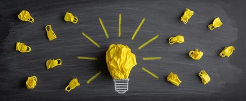 The innovative lightbulb surrounded by crumpled yellow paper ideas on a chalkboard. photo