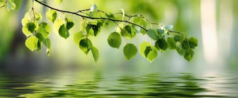 The shimmering leaves reflecting on tranquil water surface in a serene natural setting photo