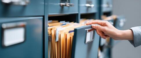 A person is opening a file cabinet with files photo