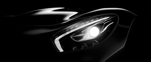 The sleek headlight of a luxury car in dramatic lighting. photo