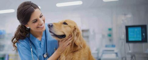 The veterinarian caring for a golden retriever at a modern veterinary clinic. photo