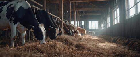 The serene scene of cows feeding in a rustic barn environment photo