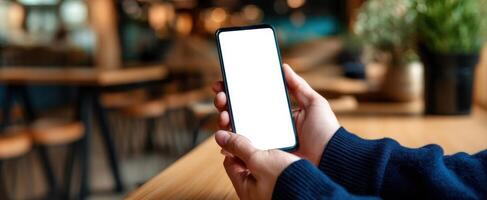 The modern smartphone held in hands with a blank screen in a cozy caf setting. photo