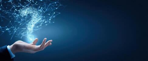 The hand presenting a digital question mark in a futuristic setting. photo