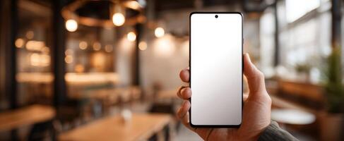 The smartphone held in hand against a cozy indoor cafe backdrop. photo