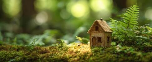 The Miniature House Nestled in a Lush Green Forest Setting photo