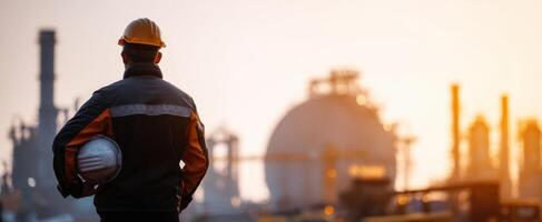 The industrial worker observing the factory landscape at sunset. photo