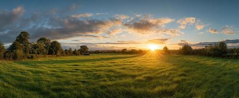 The breathtaking sunset over a serene grass field surrounded by trees. photo