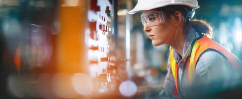 The engineer analyzing equipment in a modern industrial setting with focus. photo
