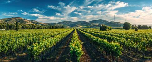 The breathtaking vineyard landscape under a bright blue sky and gentle hills. photo
