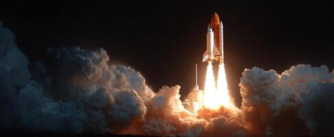 The spectacular launch of a rocket into the night sky with dramatic clouds. photo