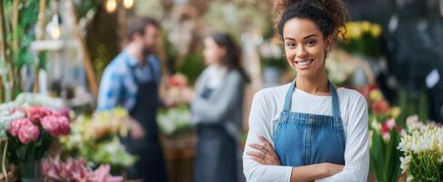 The Florist Smiling Cheerfully in a Vibrant Flower Shop Setting photo