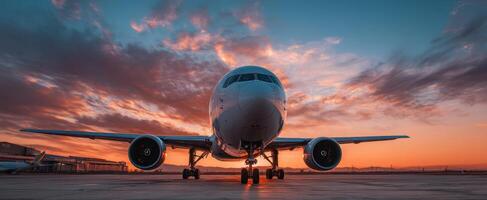 The airplane taking off against a stunning sunset backdrop over the runway. photo