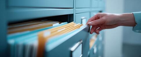 The Hand Organizing Files in a Modern Office Filing Cabinet photo