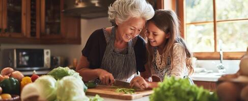 The joyful cooking experience shared between a grandmother and her granddaughter in the kitchen. photo