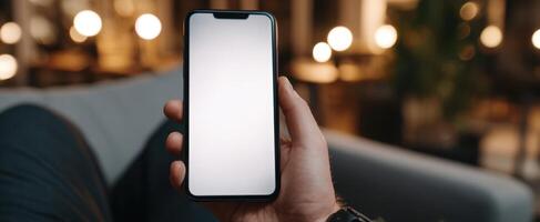 The smartphone held in a hand, showcasing a blank screen in a cozy setting. photo