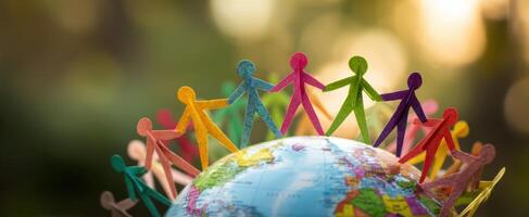 The colorful figures embracing the globe in unity and harmony. photo