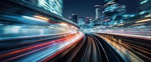 The mesmerizing city train creating dynamic light trails at night. photo