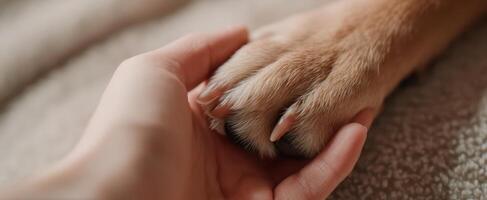 The tender connection between a human hand and a dog's paw photo