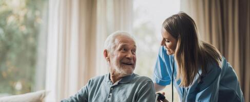 The joyful interaction between a caregiver and an elderly man in a cozy setting. photo