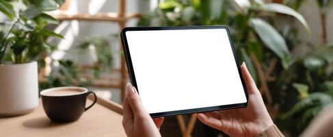 The tablet held in hands with a blank screen surrounded by green plants and coffee. photo