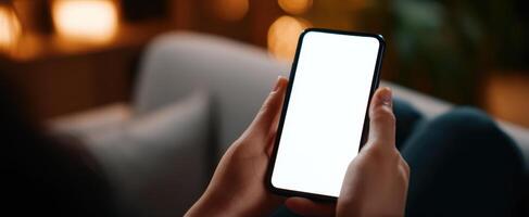 The smartphone held by hands in a cozy indoor setting. photo