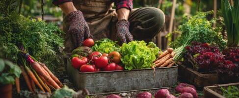 The gardener harvesting fresh vegetables in a thriving garden setting. photo