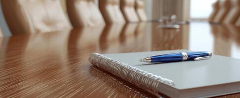 The pen and notebook on a polished conference table in a modern office. photo