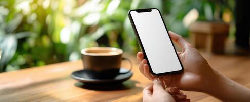 The smartphone held in hands with coffee and lush green background. photo