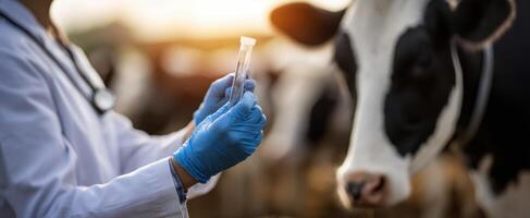 The veterinarian examining a test tube while working with a cow on a farm. photo