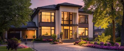 The elegant modern house illuminated by soft evening light surrounded by beautiful landscaping. photo