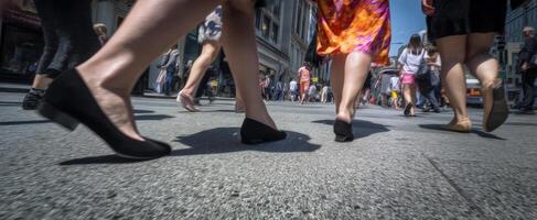 The dynamic movement of pedestrians walking through a bustling city street. photo