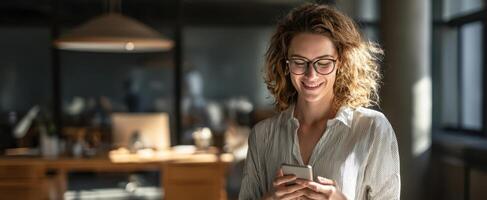 The young woman enjoys a moment of joy while texting in the office. photo