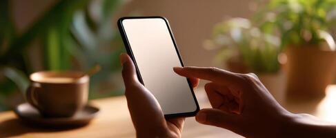 The smartphone in hand with a warm cup of coffee nearby. photo