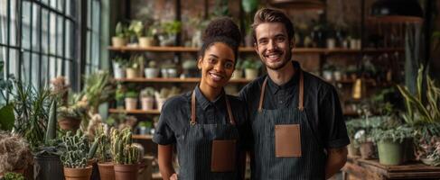 The smiling couple in a plant shop surrounded by greenery and pots. photo