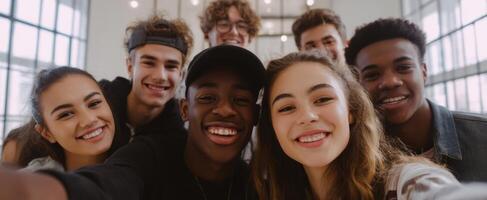 The joyful group of friends capturing a memorable selfie together indoors. photo