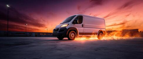 The dynamic van racing through an urban landscape at sunset. photo