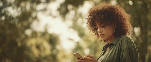 The thoughtful woman using her smartphone amidst a natural outdoor setting. photo
