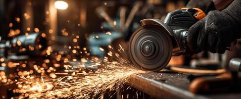 The powerful grinder producing sparks in a dynamic workshop environment. photo