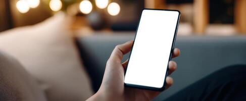 The sleek smartphone held in a cozy living room with soft lighting. photo