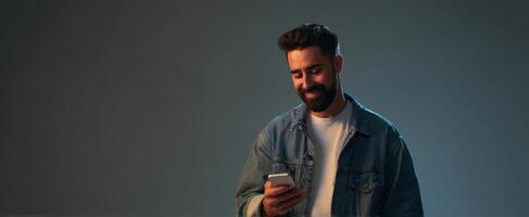 The smiling man using a smartphone in a stylish modern setting. photo