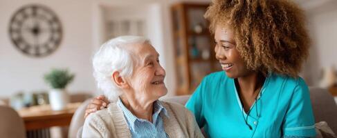 The caregiver shares a joyful moment with an elderly woman in a cozy environment. photo