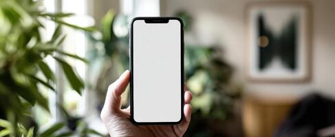 The smartphone held in hand surrounded by a stylish interior space with plants. photo