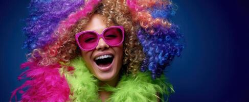 The vibrant woman with colorful hair and joyful expression celebrating life. photo